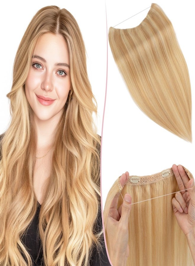 SEGO Halo Hair Extensions Real Human Hair Remy Straight Invisible Wire Hair Extensions for Women Transparent Fish Line Adjustable Size -20 Inch 70g #18RP613R Ash Blonde&Bleach Blonde - Image 1